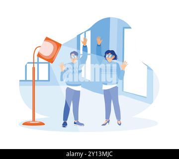 Jeunes couples utilisant des lunettes virtuelles, faisant des gestes de la main et utilisant la technologie VR. Concept de relations virtuelles. Illustration vectorielle plate. Illustration de Vecteur