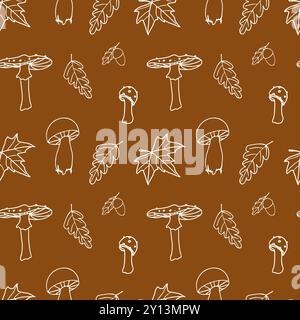 Modèle sans couture avec champignons et feuilles vectoriels Banque D'Images