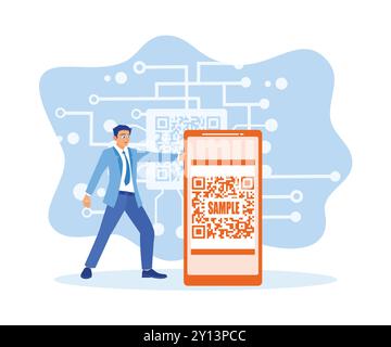 L'homme utilise un smartphone avec un scanner de code QR pour le paiement en ligne. Concept de technologie sans numéraire. Concept d'entreprise numérique. Illustration vectorielle plate Illustration de Vecteur