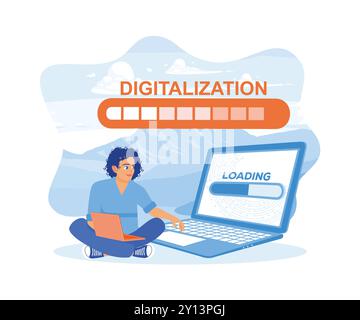 Homme à l'aide d'un ordinateur portable créant le concept de monde numérique. Mot de numérisation d'hologramme et icône d'élément de barre de chargement sur l'écran de l'ordinateur portable. Conc. D'entreprise numérique Illustration de Vecteur