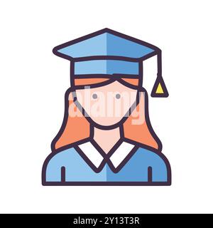 Icône femme diplômée. Icône étudiante diplômée féminine avec une casquette et une robe. Idéal pour l'éducation, la réussite et les thèmes de réussite. Illustration de Vecteur