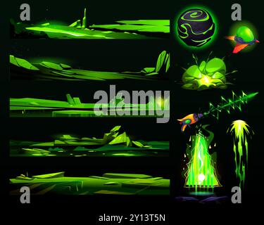 Motifs de paysage de jeu spatial ensemble isolé sur fond noir. Illustration vectorielle de dessin animé de la planète extraterrestre vert néon, arme blaster, portail fantastique, effets d'explosion, plates-formes d'interface utilisateur rocheuses transparentes Illustration de Vecteur