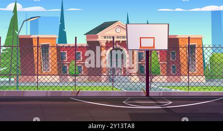 Terrain de basket-ball sur la rue en dehors du fond de dessin animé de l'école. Terrain de jeu basket-ball à cite près du bâtiment universitaire. Stade de sport pour l'illustration de jeu en plein air. Scène de l'environnement éducatif Illustration de Vecteur