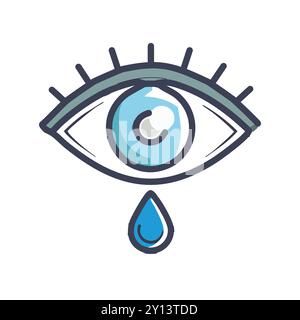 Icône œil pleurer. Illustration de dessin animé d'un œil bleu avec une larme unique tombant, symbolisant la tristesse et la tristesse. Illustration de Vecteur