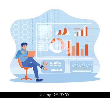 L'homme travaille à l'aide d'un ordinateur portable pour fournir des informations pour les indicateurs clés de performance (KPI). Analysez le marketing avec des graphiques, des graphiques et des données. Business i Illustration de Vecteur