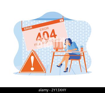 Femme d'affaires frustrée. L'écran de l'ordinateur affichait une erreur 404 lors du chargement du site. 404 concept de page d'erreur. illustration vectorielle plate tendance moderne Illustration de Vecteur