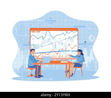 Deux collègues sont assis dans une salle de conférence. Utilisation d'un ordinateur portable pour analyser les graphiques financiers de l'entreprise. Concept de finance et d'innovation. vecteur plat de tendance Illustration de Vecteur