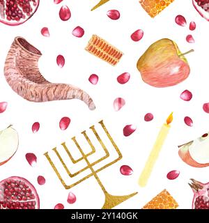 Shofar, pomme, grenade, nid d'abeille, menorah, bougie peint à la main motif sans couture aquarelle isolé sur blanc. Parfait pour Rosh Hashanah, Yom Banque D'Images