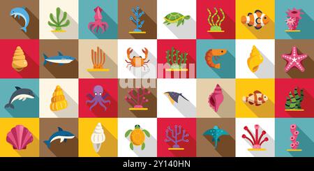 Icônes des fonds marins définies. Ensemble d'icônes colorées mettant en vedette une variété de vie marine, y compris des poissons, des mammifères et des plantes Illustration de Vecteur