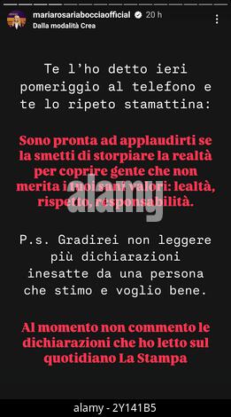In dieser Story sagt die Frau : ICH habe es dir gestern Nachmittag am Telefon gesagt und ich sage es dir heute Morgen noch einmal : ICH bin bereit, dir zu applaudieren, wenn du aufhörst, die Realität zu verzerren, um Menschen zu vertuschen, die deine Gesundheit nicht verdienen. Werte, nämlich Loyalität, Respekt, Verantwortung. P.S. : ICH möchte aufhören, ungenaue Aussagen von einer person zu lesen, die ich respektiere und liebe. Politik. Skandal im italienischen Parlament. Der Kulturminister Gennaro San Giuliano gibt zu, eine Beziehung mit Maria Rosaria Boccia gehabt zu haben. Die Frau veröffentl Banque D'Images