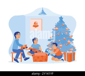 Trois petits enfants ouvrant des cadeaux de Noël ensemble sous le sapin de Noël. Voitures jouets comme cadeaux de Noël. Famille partageant le concept de la veille de Noël. Illustration de Vecteur