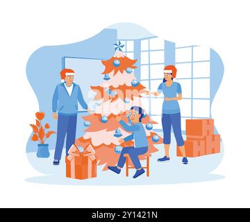 La famille décore le sapin de Noël avec des étoiles, des boules, des cloches et des bas. Ils mettent des boîtes-cadeaux sous le sapin de Noël. Réveillon de Noël co Illustration de Vecteur