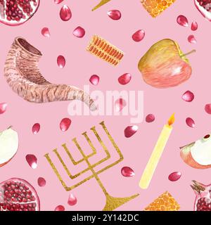 Shofar, pomme, grenade, nid d'abeille, menorah, aquarelle de bougie sur fond rose. Éléments peints à la main de haute qualité parfaits pour Rosh Hashanah Banque D'Images