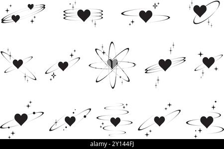 Icônes Y2K Heart. Formes d'étoiles vectorielles. Symboles de l'amour. Esquissez les éléments de conception cosmique sur fond blanc. Ensemble romantique rétro mignon de scintillements magiques Illustration de Vecteur