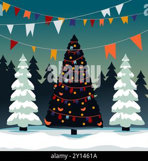 Sapin de Noël festif et bannières Illustration de Vecteur