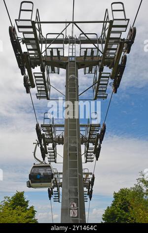 Tirana, Albanie - 31 mai 2024. Une tour de soutien intermédiaire pour les téléphériques Dajti Express sur le mont Dajti à l'extérieur de Tirana dans les montagnes Skanderbeg Banque D'Images