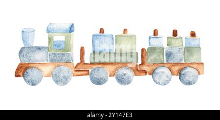 Jeux de blocs de construction de train en bois pour les enfants. Aquarelle illustration dessinée à la main dans le style Vintage isolé sur fond blanc. Elément de conception pour enfants Banque D'Images