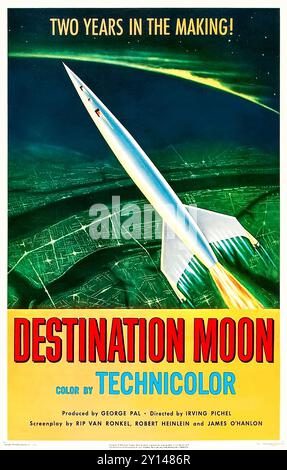 Destination Moon 1950 réalisé par Irving Pichel et mettant en vedette John Archer, Warner Anderson et Tom Powers. Film révolutionnaire de science-fiction sur la première mission habitée sur la lune, explorant la technologie et les défis personnels impliqués. Photographie de l'affiche originale américaine d'une feuille restaurée en 1950. Crédit : BFA / George Pal Productions Banque D'Images