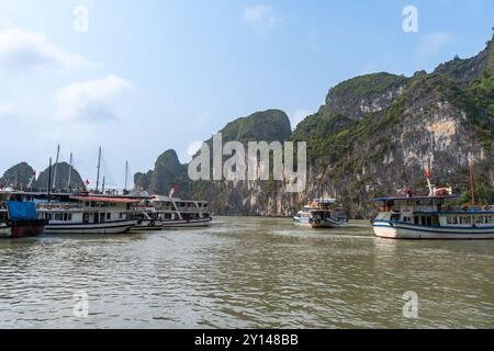 Quai de bateau à surprise Grotto aka Hang Sung Sot dans la baie de Ha long, Quang Ninh, Vietnam. Banque D'Images