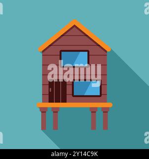 Illustration vectorielle simple d'une maison en bois de deux étages sur pilotis jetant une longue ombre, dans un style de conception plat Illustration de Vecteur