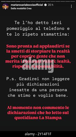 In dieser Story sagt die Frau : ICH habe es dir gestern Nachmittag am Telefon gesagt und ich sage es dir heute Morgen noch einmal : ICH bin bereit, dir zu applaudieren, wenn du aufhörst, die Realität zu verzerren, um Menschen zu vertuschen, die deine Gesundheit nicht verdienen. Werte, nämlich Loyalität, Respekt, Verantwortung. P.S. : ICH möchte aufhören, ungenaue Aussagen von einer person zu lesen, die ich respektiere und liebe. Politik. Skandal im italienischen Parlament. Der Kulturminister Gennaro Sangiuliano gibt zu, eine Beziehung mit Maria Rosaria Boccia gehabt zu haben. Die Frau veröffentli Banque D'Images