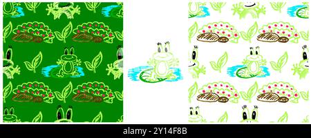 Motif sans couture. Grenouilles, fleurs. Placez les dessins avec des crayons de cire. Imprimer pour la conception de tissu, textile, tissu, papier peint, papier d'emballage Illustration de Vecteur