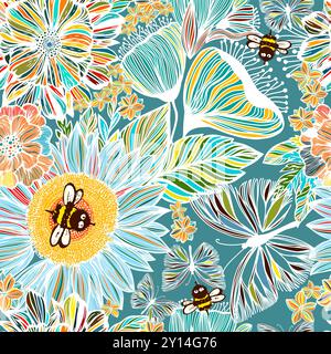 Belles fleurs et abeilles modèle sans couture. Pas ai, illustration vectorielle. Illustration de Vecteur