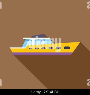 Yacht à moteur jaune naviguant sur l'icône de conception plate de l'eau avec une longue ombre sur fond brun Illustration de Vecteur