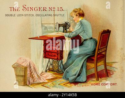 Illustration traditionnelle de la fin du XIXe siècle de femme au travail sur la machine à coudre Singer. Image vintage du catalogue de Singer Sewing machine Company. 1899 Banque D'Images