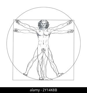 Homme vitruvien, avec feuille de vigne. Représentation des proportions humaines parfaites avec la nature, le cosmos et la géométrie. Un homme au centre d'un cercle et d'un carré. Banque D'Images