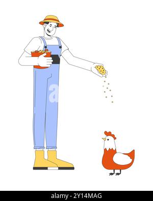 Heureux agriculteur d'homme asiatique nourrissant le caractère de dessin animé de poulet 2D. Illustration de Vecteur