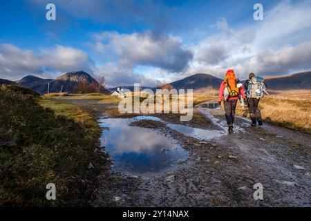 Randonneurs en trek, Glen Coe Valley, Lochaber Geopark, Highlands, Écosse, Royaume-Uni. Banque D'Images