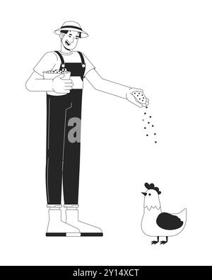 Heureux agriculteur d'homme asiatique nourrissant le caractère de dessin animé de poulet 2D. Illustration de Vecteur