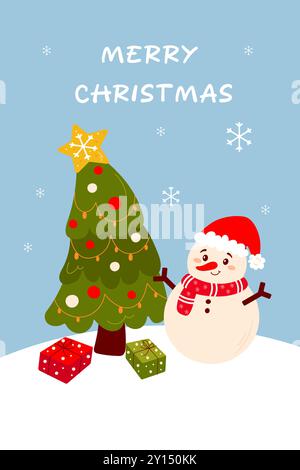 Carte de joyeux Noël avec bonhomme de neige. Vecteur et arbre mignon simple Illustration de Vecteur