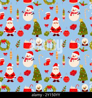 Modèle de Noël sans couture sur fond bleu, père noël, bonhomme de neige, cadeau. Fond pour papier cadeau ou tissu. vecteur Illustration de Vecteur
