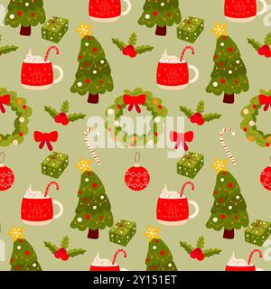 Modèle de Noël sans couture sur fond vert arbre de Noël, cadeau, jouet. Fond pour papier cadeau ou tissu. vecteur Illustration de Vecteur