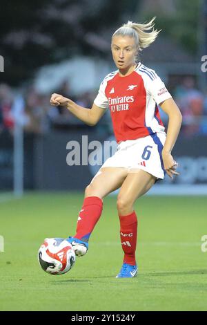 Borehamwood, Royaume-Uni. 4 septembre 2024. Leah Williamson d'Arsenal lors de la demi-finale de la 1re manche de l'UEFA Women's Champions League entre Arsenal et les Rangers au stade Mangata Pay UK, Meadow Park. Crédit : Jay Patel/Alamy Live News Banque D'Images