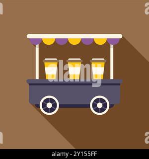 Illustration d'un café mobile vendant des boissons dans des tasses jetables avec un auvent rayé, dans un design plat avec une longue ombre Illustration de Vecteur