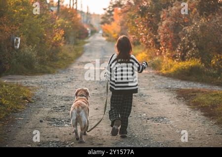 Fille marchant avec un fauve Labrador en laisse, amitié, compagnon Banque D'Images