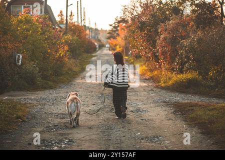 Fille marchant avec un fauve Labrador en laisse, amitié, compagnon Banque D'Images