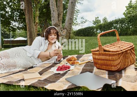 Une jeune femme profite d'une journée d'été ensoleillée, se relaxant sur une couverture avec des collations tout en utilisant son téléphone. Banque D'Images