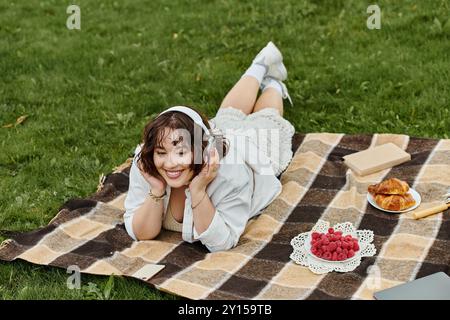 Une jeune femme se détend sur une couverture de pique-nique, savourant la chaleur de l'été tout en dégustant des baies sucrées et des pâtisseries. Banque D'Images