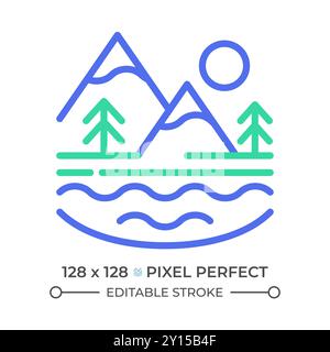 Eau de surface icône de ligne en deux couleurs. Plan d'eau. Paysage de montagne avec lac. Paysage extérieur. Symbole de contour bicolore des ressources naturelles. Linéaire bichromique Illustration de Vecteur