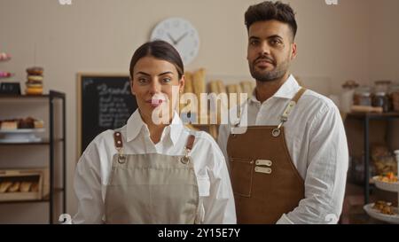 Homme et femme debout ensemble dans une boulangerie portant des tabliers, présentant leur entreprise avec du pain et des pâtisseries en arrière-plan Banque D'Images