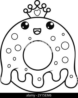 Contour mignon beignet royal dans la couronne avec gouttes glaçage. Drôle de dessin animé kawaii caractère sucré nourriture. Dessin au trait, livre de coloriage. Illustration vectorielle. Enfants Illustration de Vecteur