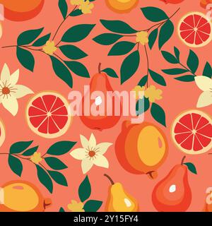 Un design vectoriel vibrant mettant en vedette des fruits tropicaux d'été et des feuilles luxuriantes. Idéal pour l'emballage, le branding, ou les motifs textiles avec un frais, ludique Illustration de Vecteur