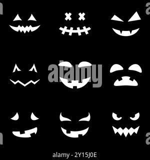 Visages effrayants et drôles pour Halloween Pumpkin Silhouette icône sur fond noir. Icône d'émotions d'horreur d'Halloween. Visages effrayants du pictogramme de glyphe fantôme Illustration de Vecteur