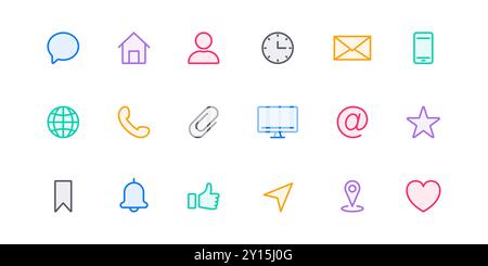 Jeu d'icônes de ligne de carte de visite. Icône linéaire de communication simple colorée. Ensemble de pictogramme de site Web. Pictogramme des coordonnées. Adresse, E-mail, téléphone Illustration de Vecteur