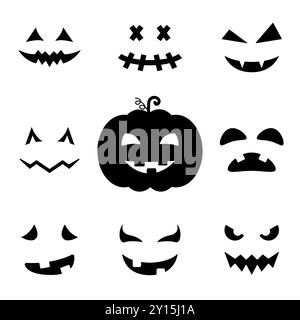 Visages effrayants et drôles pour l'icône Halloween Pumpkin Silhouette. Icône d'émotions d'horreur d'Halloween. Visages effrayants du pictogramme de glyphe fantôme. Vecteur isolé Illustration de Vecteur