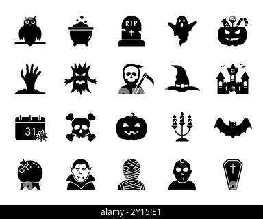 Icône de silhouette de set d'Halloween. Spooky Horror Glyph pictogramme Halloween concept. Citrouille, fantôme, chauve-souris, tombe, crâne, vampire Scary Magic Black icône pour Illustration de Vecteur